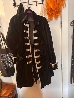 Black Velvet Military-Style Coat with Contrast Trim